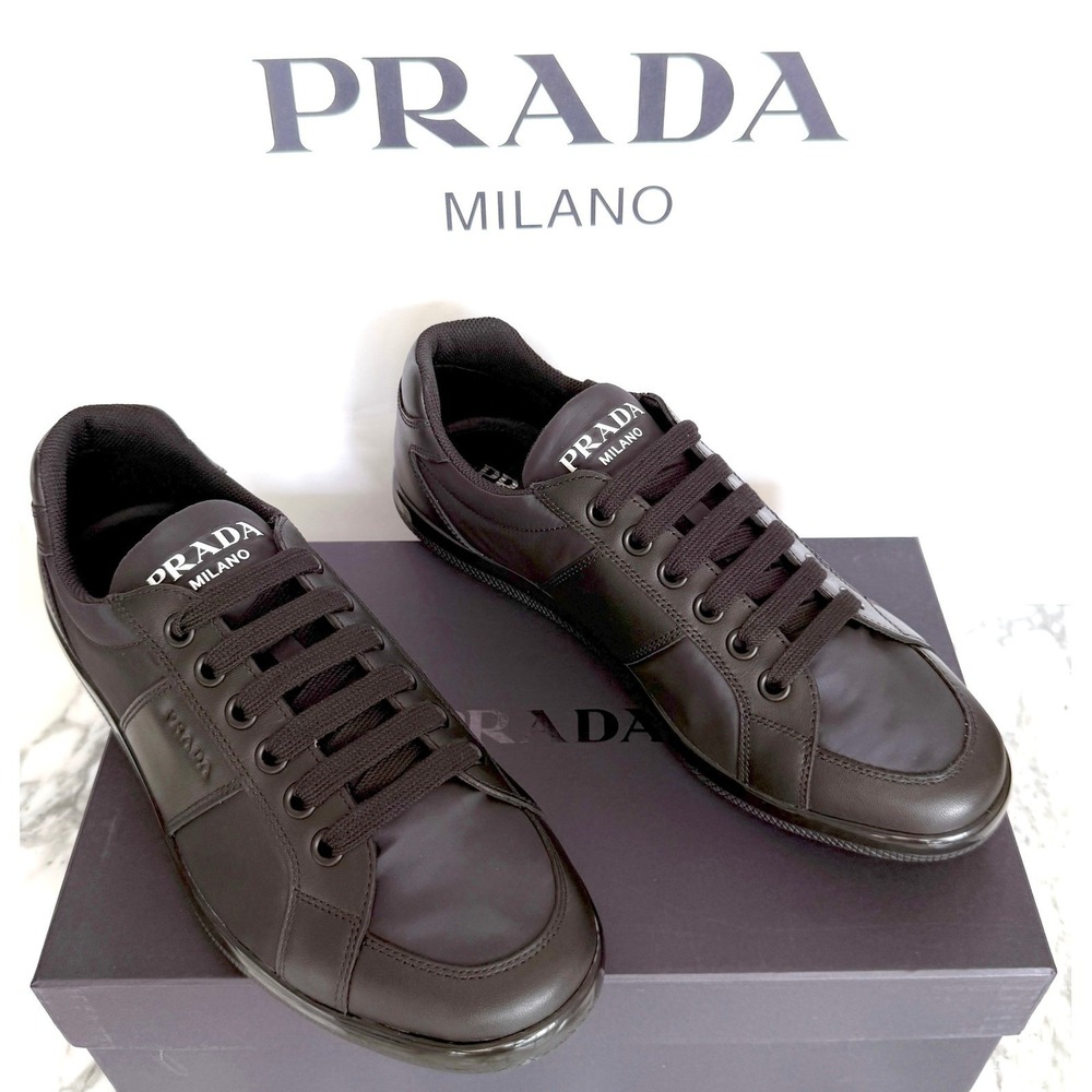 PRADA 2EG355 Blue Black Leather Re-Nylon Sneakers Shoes - NEW - US 10.5 UK 9.5
